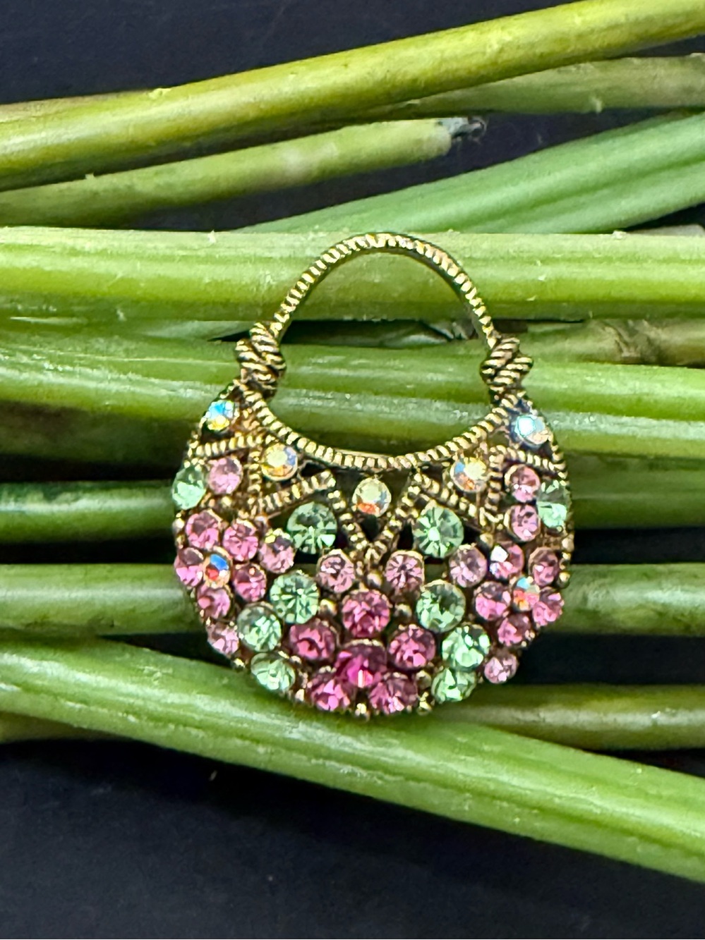 Unsigned Gold-tone Multicolored Rhinestones Purse Bag Brooch